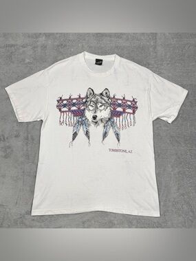 VTG Diamond Dust Wolf Glitter Tombstone AZ USA T Shirt White L Nature Native 90s